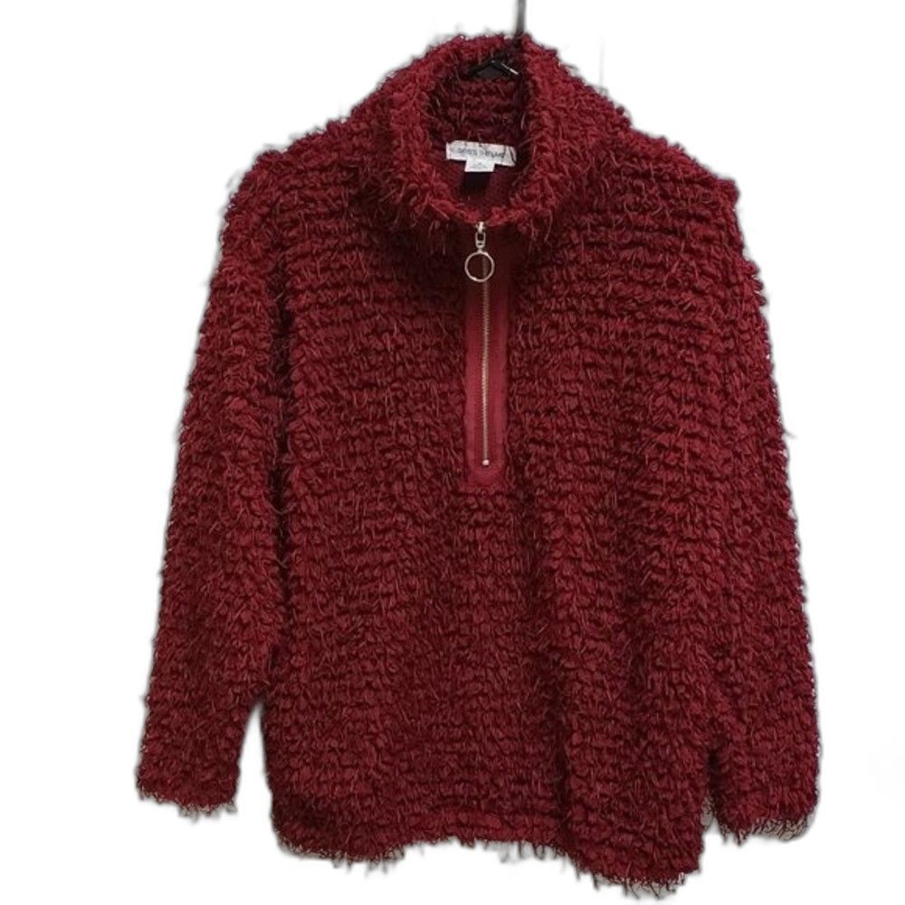 Skye's The Limit  Womens M Red Cranberry Shaggy Teddy Zip Pullover Sweater Top